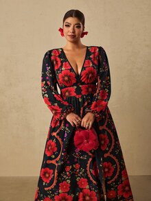 Travachic Plus Size Women's Black & Red Floral Print Long Dress, Long Sleeve V-Neck Front Slit Romantic Dress - Black - View 1