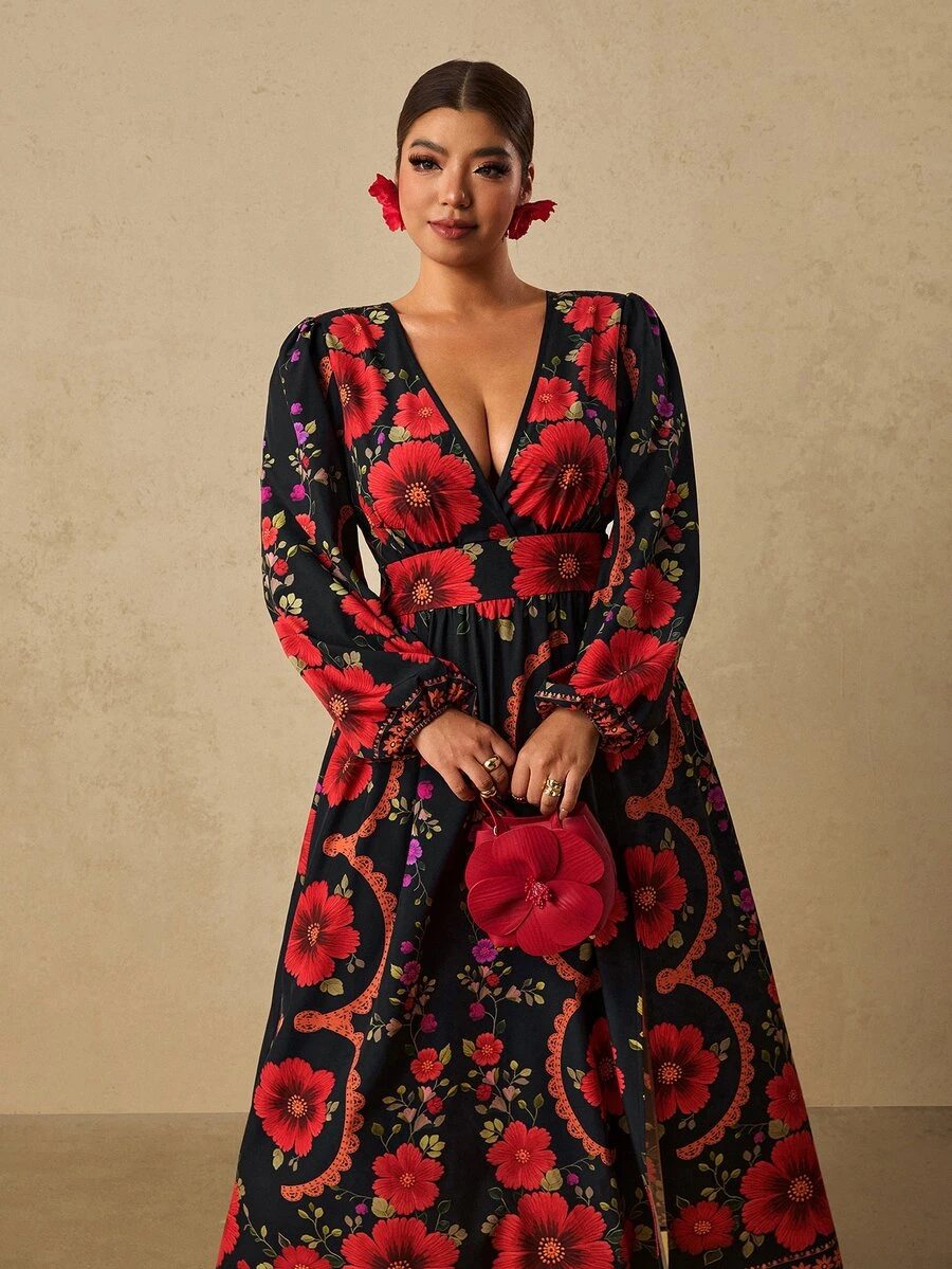 Travachic Plus Size Women's Black & Red Floral Print Long Dress, Long Sleeve V-Neck Front Slit Romantic Dress - Black - View 1