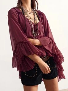Bohemela Casual Solid Color Woven Ruffle Trim Oversized Women's Shirt - Rust Brown - View 8