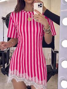SHEIN EZwear Casual Vacation Style Rose Red Vertical Stripe Full Print Pattern Knit Bodycon Dress Suitable For Spring And Summer - Multicolor - View 8