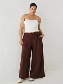 YARNWELL Plus Size Elastic Waist Loose Sweatpants With Pockets - Coffee Brown - View 3
