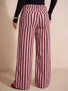 Elaquor Plus-Size Women's Striped High-Waisted Wide-Leg Jeans With Pockets – Perfect For Casual Outings.Autumn - Pink - View 3