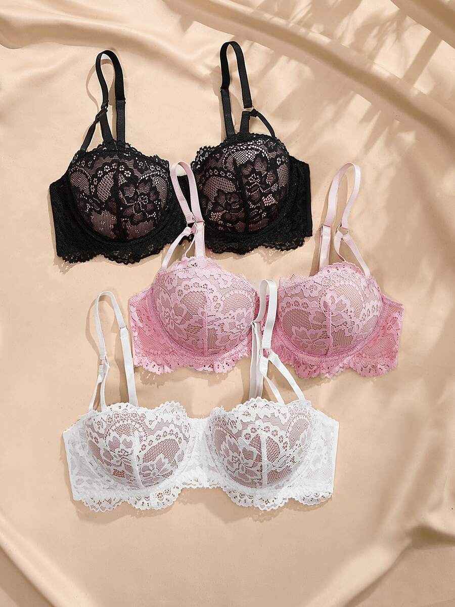 Charlaine Women's Solid Color Lace Bra (Underwire Molded Cup Bra, 3 Pieces Set) - Multicolor - View 1