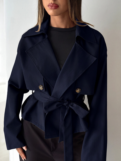 Aloruh Women's Autumn Casual Elegant Double-Breasted Trench Coat Office Business Navy Blue