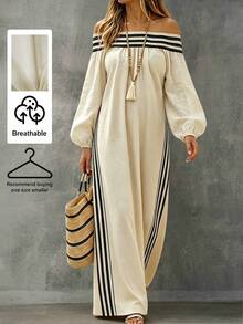 Linhara CURVE Spring/Summer Off-Shoulder Elastic Waist Loose Casual Fashion Plus Size Dress, Suitable For Daily Wear, Outings And Gatherings Fall - Apricot - View 1