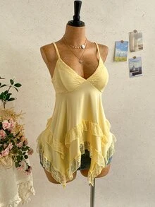 Soleia Plus Size Women's Lace Patchwork Asymmetrical Hem Cami Top - Yellow - View 5