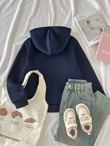 (Tween Girl) 可愛甜美度假休閒百搭花朵蝴蝶結印花雙層連帽前開襟拉鍊口袋寬鬆外套，秋冬款 - 藏蓝色 - 查看 2