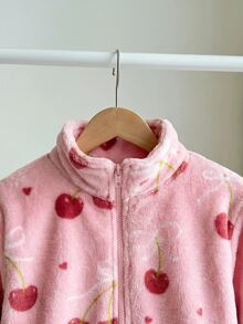 SHEIN LMoss Kids LMoss 女嬰可愛休閒愛心圖案毛絨立領夾克，適合秋冬穿著 - 粉色 - 查看 9