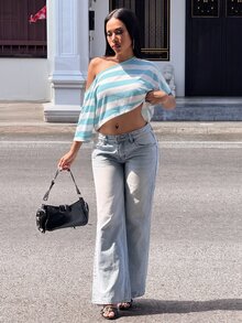 Slaydiva 女款街頭風性感短版條紋拼色T恤 - 彩色 - 查看 6