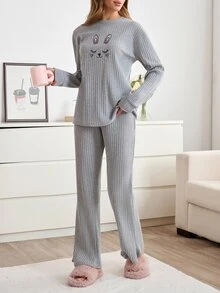 SHEIN Sleepy Bunny Graphic Rib Knit Lounge Set - Beige - View 3