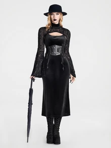 Breakform Gothic Halloween Women's Black Embossed Lace Sexy Textured Semi-High Neck Extended Bell Sleeve Architectural Patterns Gothic Niche Sleeve Top - Black - View 6