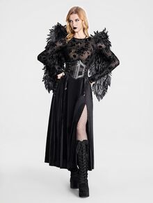 Breakform Gothic Halloween Women's Black Draped Pleated Texture High Waist, Double Side High Slit Design, Dark Punk Daily Solid Color Skirt - Black - View 3