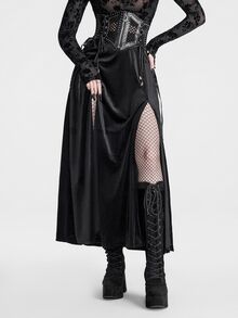 Breakform Gothic Halloween Women's Black Draped Pleated Texture High Waist, Double Side High Slit Design, Dark Punk Daily Solid Color Skirt - Black - View 4