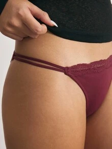 Ocili 3pcs/Pack Multi-Color 100% Pure Cotton Comfortable Minimalist Double-Sided Lace Thin Strap Elastic Women's Triangle Panties ChicAutumn - Red - View 6