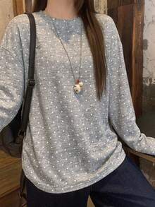 DAZY 女款圓領寬鬆長袖波點長版T恤 - 灰色 - 查看 1