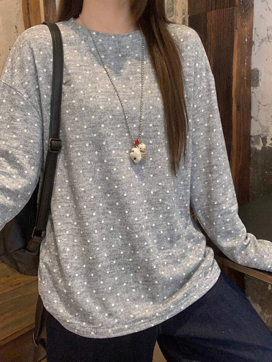 DAZY 女款圓領寬鬆長袖波點長版T恤 - 灰色 - 查看 1