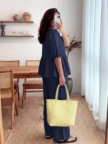 Enliva 大尺碼女款荷葉邊泡泡袖兩件套：V領開襟上衣與鬆緊腰長褲 - 藏蓝色 - 查看 2
