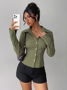 Aloruh 女款秋冬新款優雅春夏通勤日常簡約百搭旅行辦公純色軍綠色短袖收腰百褶長袖襯衫 - 軍綠色 - 查看 4