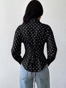 Firerie 女款黑白波點長袖襯衫，後腰收腰設計，適合日常通勤與度假，春夏秋冬四季穿著，優雅復古風 - 黑色 - 查看 4