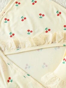 SHEIN 新生女嬰 6 件套清新櫻桃套裝，包含包巾、帽子、手套、圍兜、髮帶和連身衣，柔軟舒適面料，適合日常穿著，禮品 - 黃色 - 查看 5