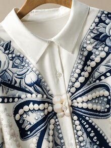 Seusyu 女款領口長袖蝴蝶結印花休閒日常寬鬆大尺碼兩件套 - 藏蓝色 - 查看 6