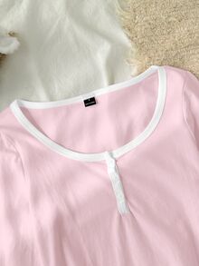 Tseoso 女款棉感粉白配色 95%棉半排扣 T-shirt，百搭四季居家服，優雅休閒時尚日常秋季款 - 彩色 - 查看 4