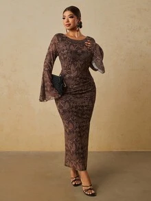 Travachic Plus Size Elegant All-Over Print Flare Sleeve Dress - Brown - View 6
