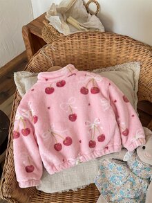 SHEIN LMoss Kids LMoss 女嬰可愛休閒愛心圖案毛絨立領夾克，適合秋冬穿著 - 粉色 - 查看 2