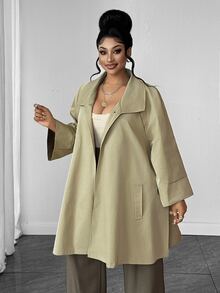 Maweii Plus Size Women's Side Slit 3/4 Sleeve Trench Coat Fall - Khaki - View 4