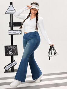 Jeanoix Plus Size Women's Asymmetrical Waist Casual Flare Jeans - Blue - View 7