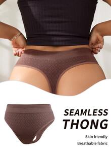 SHEIN Plus Size Seamless Textured Thong Panty, 1pc - Coffee Brown - View 2