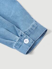 EMERY ROSE Plus Size Women's Notch V-Neck Single-Breasted Casual Denim Shirt - Blue - View 6