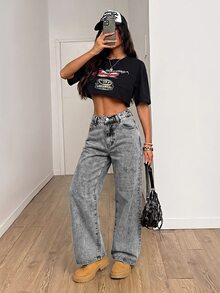 SHEIN PETITE 女款休閒水洗直筒牛仔褲 - 淺色水洗藍 - 查看 4