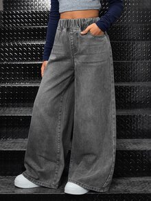 SHEIN Tween Girl Casual Washed Wide Leg Jeans - Light Grey - View 3