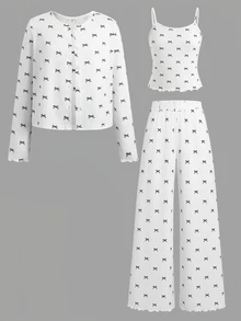 SHEIN Tween女孩秋冬休閒居家服3件套，夾克、背心與長褲，甜美黑白蝴蝶結印花兒童家居服套裝，女孩居家服，適合四季穿著 - 白色 - 查看 9