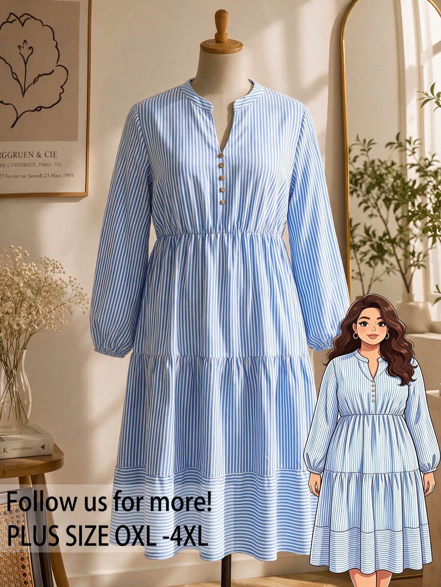 Rusticease Plus Size Women's Blue And White Pleated Casual Elegant Tropical Vacation Party Brunch Formal Dress Fall Country Clothing 2026 - Blue and White - View 1