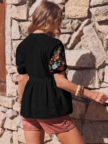 Boho Mama Maternity V-Neck Floral Embroidered Pleated Casual Versatile Blouse - Black - View 4