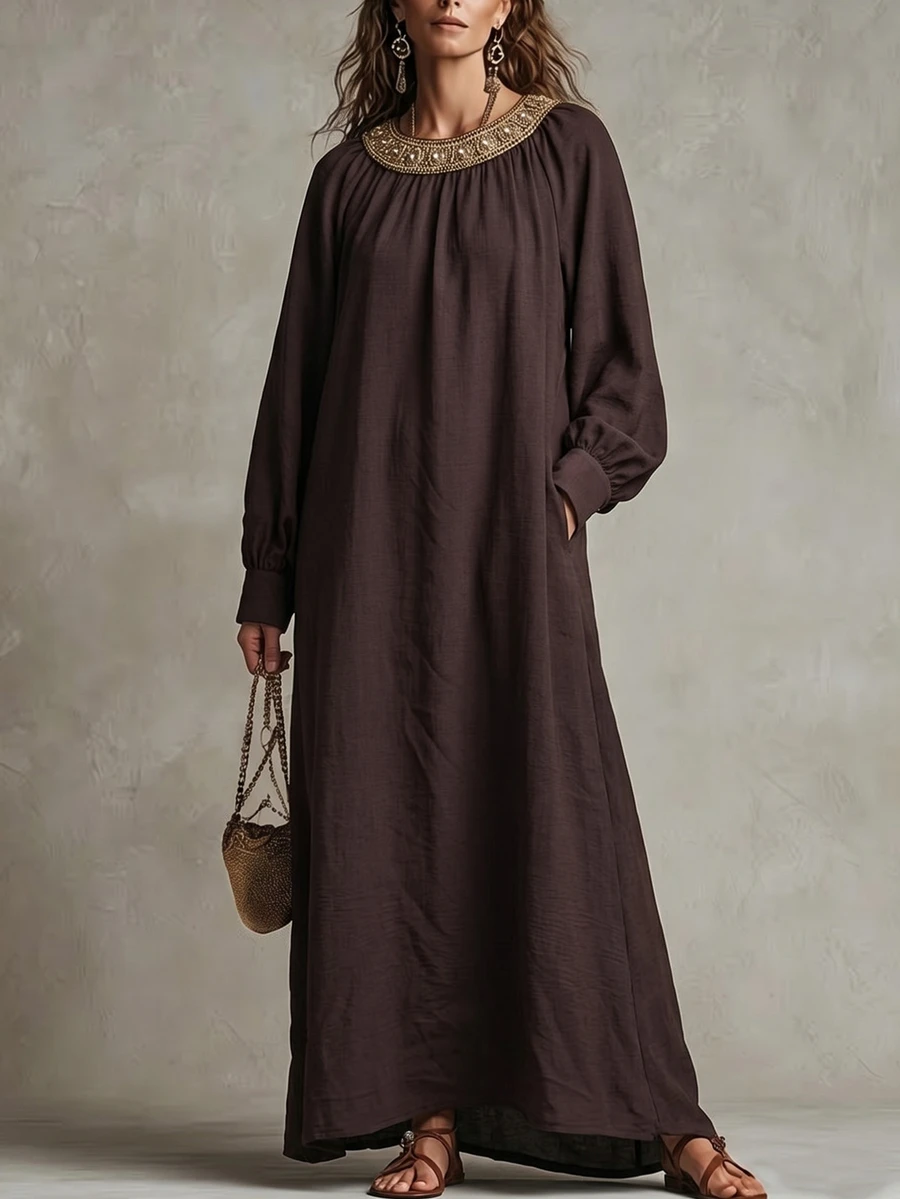 SHEIN Women's Long Round Neck Loose Straight Vintage Long Sleeve Robe Dress