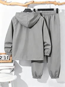 兒童青少年男孩半拉鍊連帽外套與慢跑長褲兩件套，休閒運動風，適合秋冬 - 灰色 - 查看 3