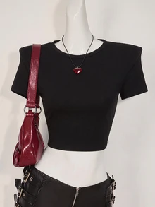 SHEIN ICON Spring/Summer Printed Short Sleeve T-Shirt, Blending Grunge Style With Fashionable Sexy Elements, Featuring Dragon Print And Flocked Mesh Patchwork Design, Suitable For Casual Outfits - Red and Black - View 4