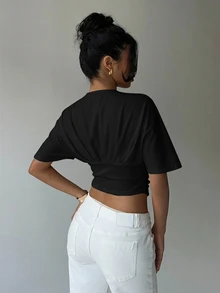 Aloruh 2件組女款深V領抓皺短袖上寬下窄修身T恤上衣 - 彩色 - 查看 9