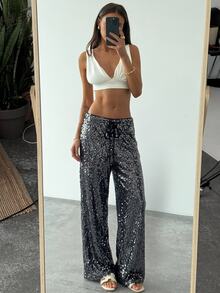 SHEIN Tall CURVE Plus Size Women Solid Color Waist Tie Sequin Wide Leg Long Pants - Black - View 6
