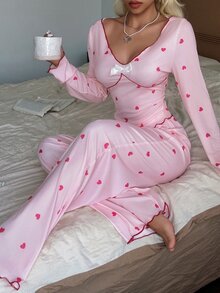 Softscene Women's Sweet Heart Lace Long Sleeve Long Pants Pajamas, Spring/Autumn Homewear - Pink - View 5