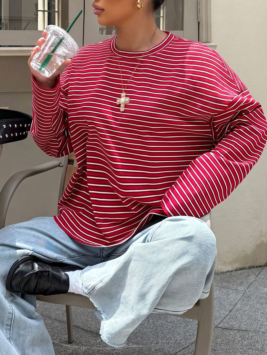 Muchica 大尺碼圓領紅白條紋拼接休閒學院風百搭日常穿搭T恤返校季秋季 - 紅白色 - 查看 1
