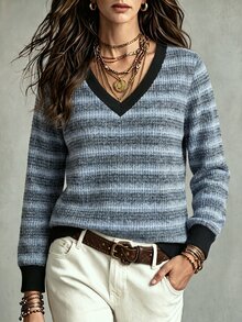 SHEIN LUNE Autumn Casual Colorblock Striped Sweatshirt - Multicolor - View 1