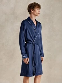EverLounge Satin Comfortable Minimalist Contrast Trim Men's Robe - Navy Blue - View 6