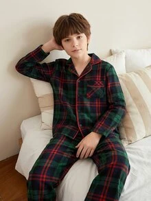 Tween Boys' Red Green Black Classic Plaid Long Sleeve Long Pants Button-Up Lapel Pajama Set Loungewear - Multicolor - View 1