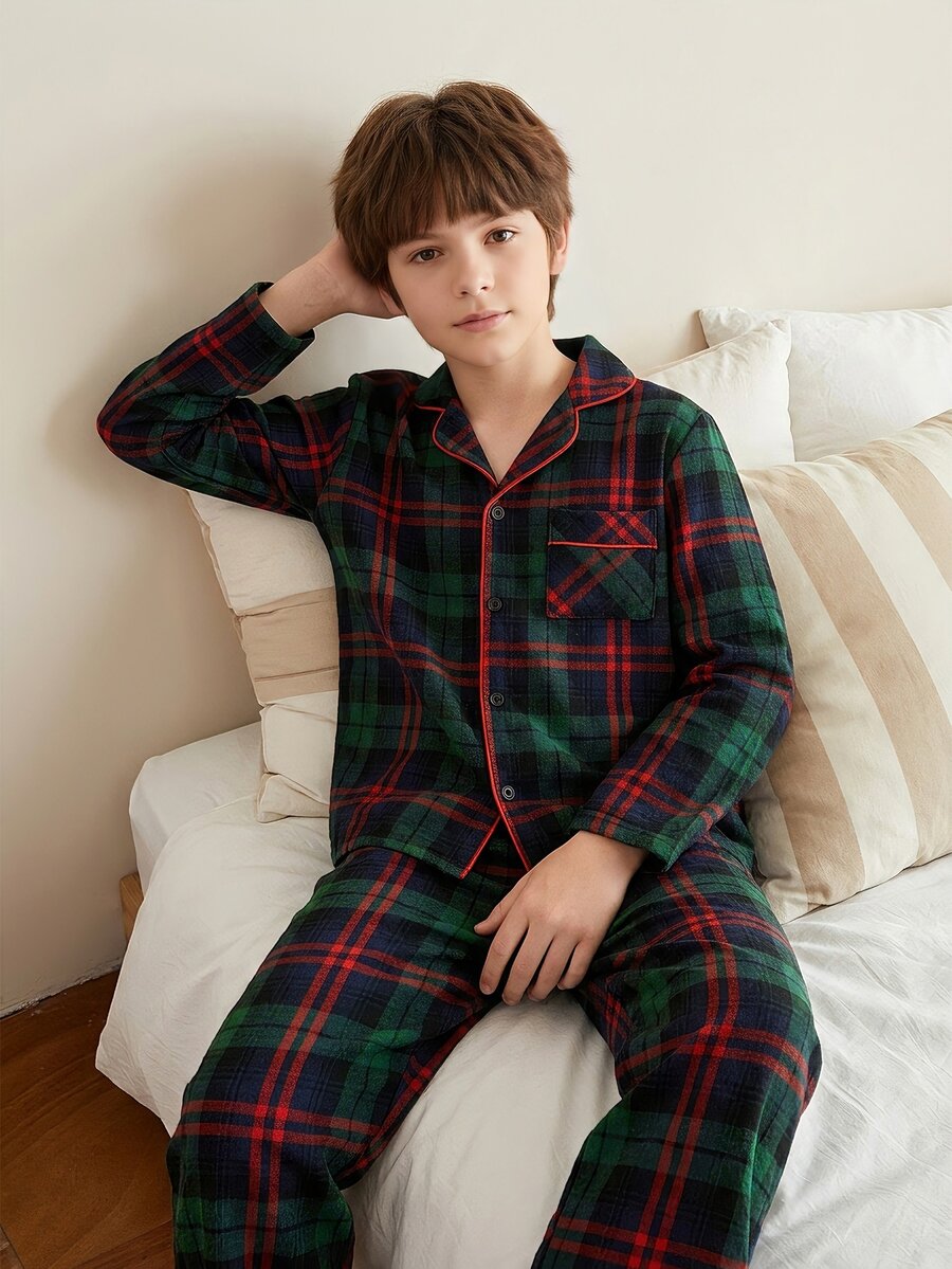 Tween Boys' Red Green Black Classic Plaid Long Sleeve Long Pants Button-Up Lapel Pajama Set Loungewear - Multicolor - View 1