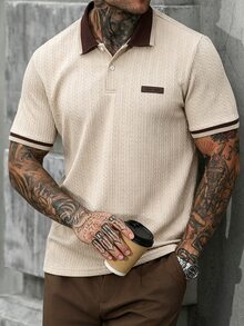 Manfinity CasualCool Solid Color Minimalist Plus Size Men's Polo Shirt - Khaki - View 5