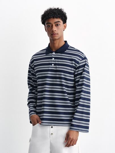 TOKVUE Men's Blue And White Contrast Striped All-Over Print Long Sleeve POLO Shirt, Loose Fit, American Vintage Casual POLO Shirt, All-Match Versatile Style, Suitable For Daily Casual, Weekend Outings, Outdoor Activities, Travel Adventures, Relaxed Work Environment Or Semi-Formal Occasions